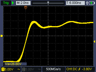 the same square wave, but zoomed way in on its rising edge; which looks to rise in around 3ms